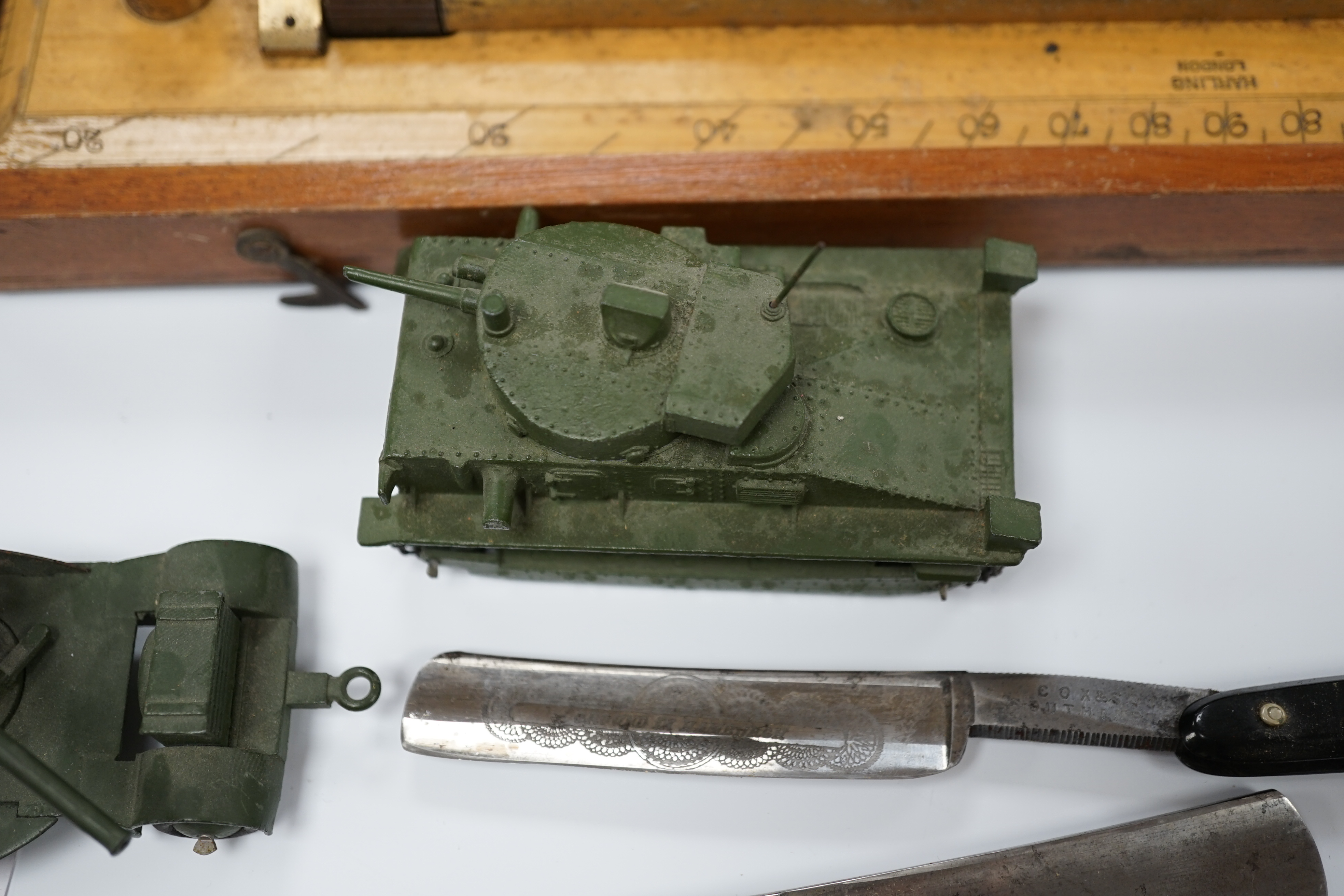 Sundry items including Starrett depth micrometer, two cut throat razors and two Dinky military toys